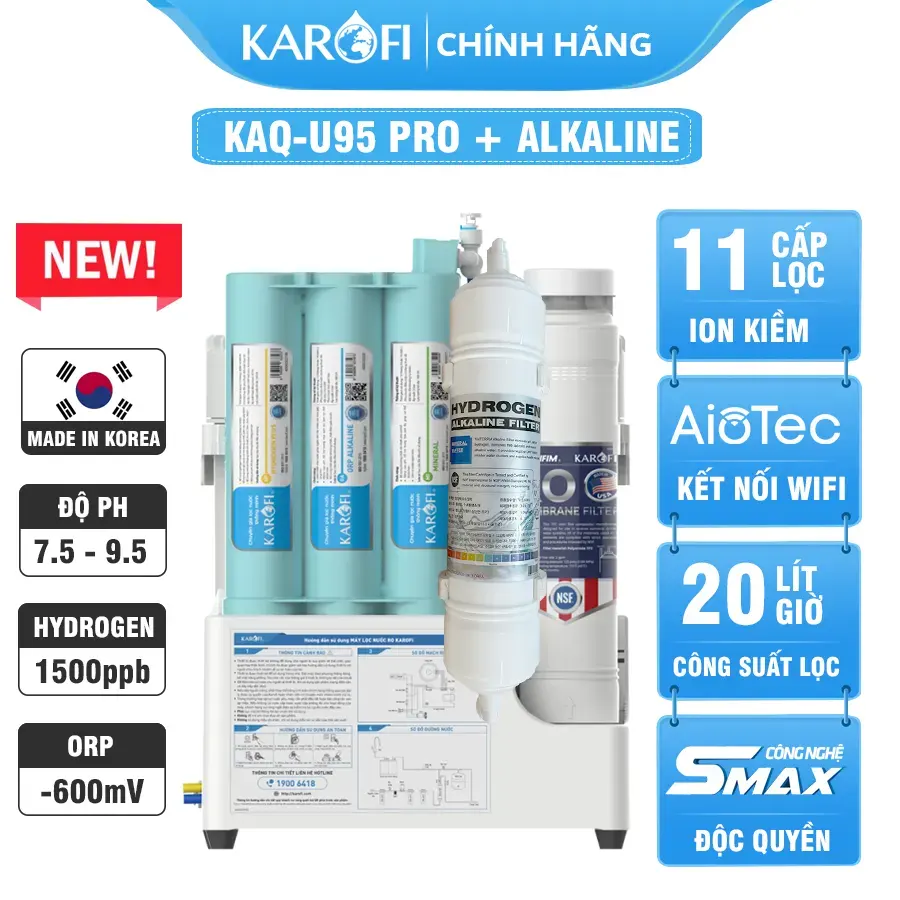 Máy lọc nước Hydrogen ion kiềm Karofi KAQ-U95 Pro + ALKALINE - 11 Lõi Cao Cấp